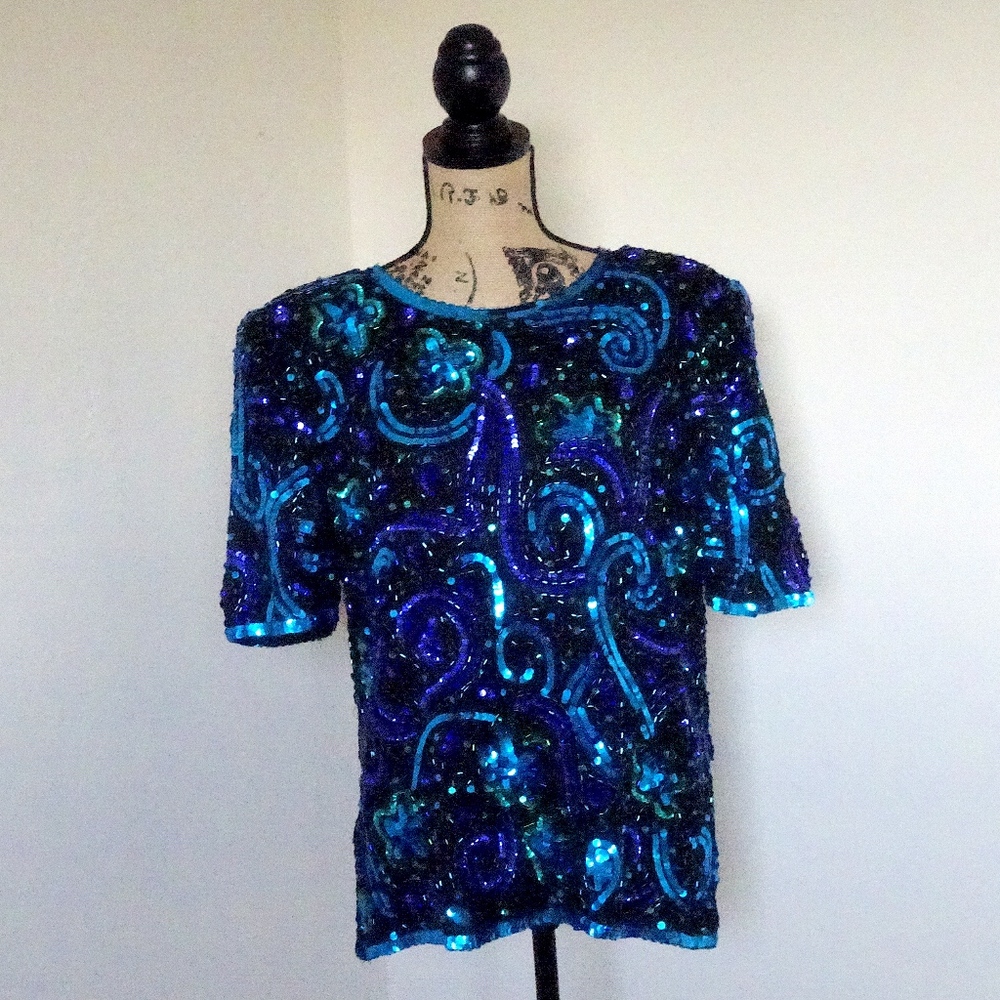 VTG 80s Laurence Kazar Designer Vintage Blue Teal Sapphire Sparkly Sequin Blouse